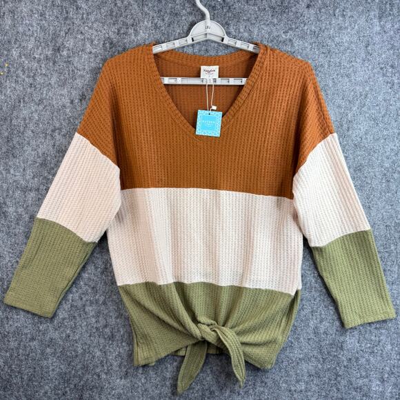 Hayden Women 1XL Colorblock Waffle Knit Tie Front Long Sleeve Top NWT - Picture 3 of 9